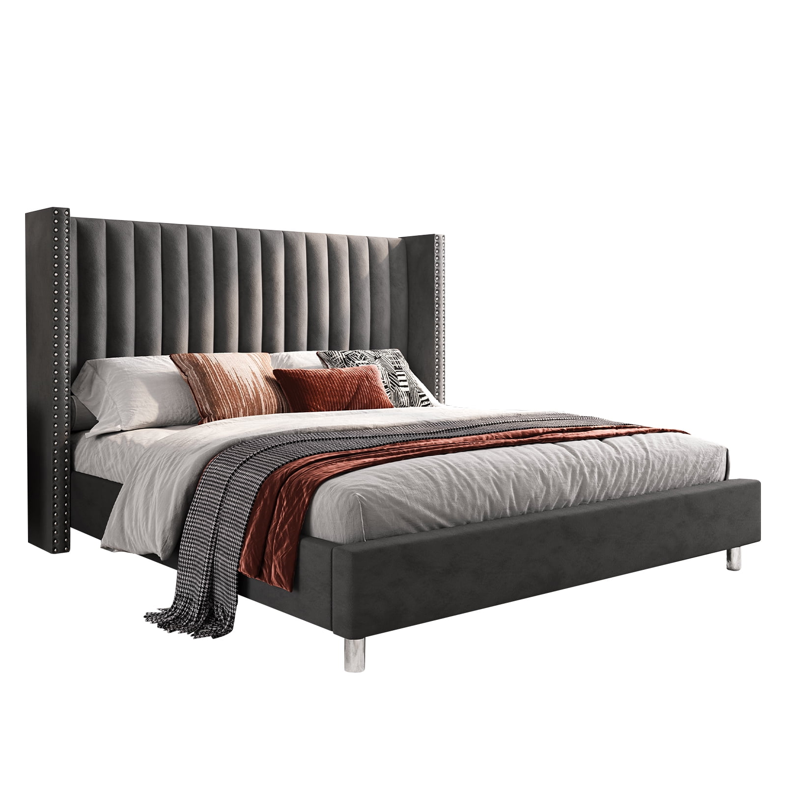 Merluxy Queen Velvet Channel Tufted Wingback Bed with Wood Slats and Metal Support, Dark Grey