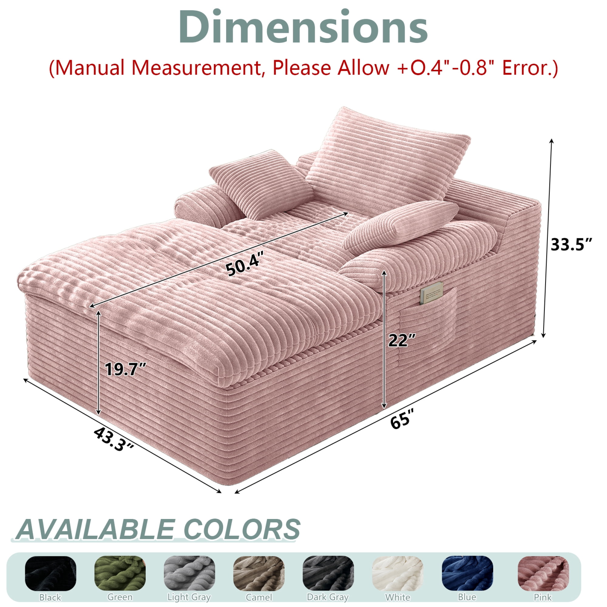 HOQBN 65" Chaise Lounge Chair Indoor,Oversized Boneless Sofa Bed with 3 Pillows,Cloud Reading Chair for Living Room Bedroom, Deep Seat Sleeper Couch, No Assembly Required,Baby Pink