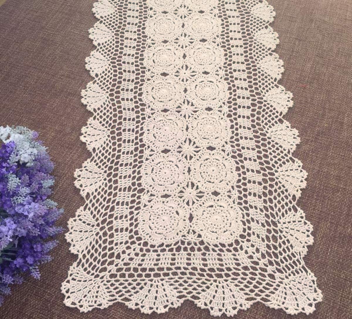 WCHUANG Rectangular Cotton Handmade Crochet Lace Table Runner Doilies Table Dresser Scarf Décor