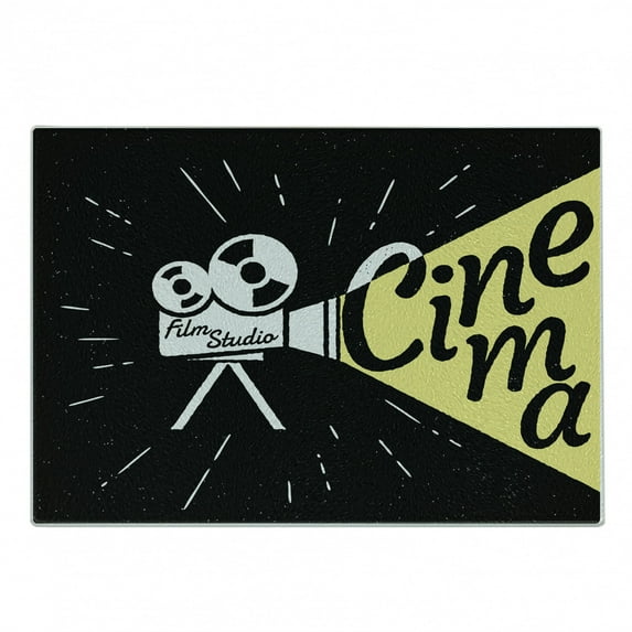 Movie Theater Cutting Board, Movie Projector Sketch with Grunge Cinema Lettering on Black Backdrop, Decorative Tempered Glass Cutting and Serving Board, Small Size, Yellow Black White, by Ambesonne