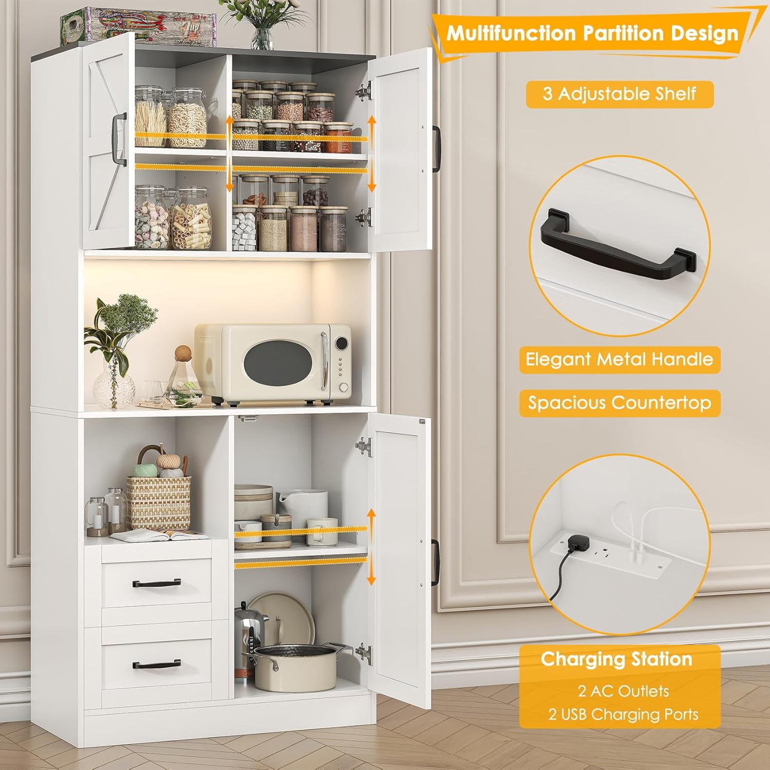Winkalon 68'' Kitchen Pantry Hutch with Charging Station and LED Light, Buffet Storage Cabinet with Adjustable Shelves, White