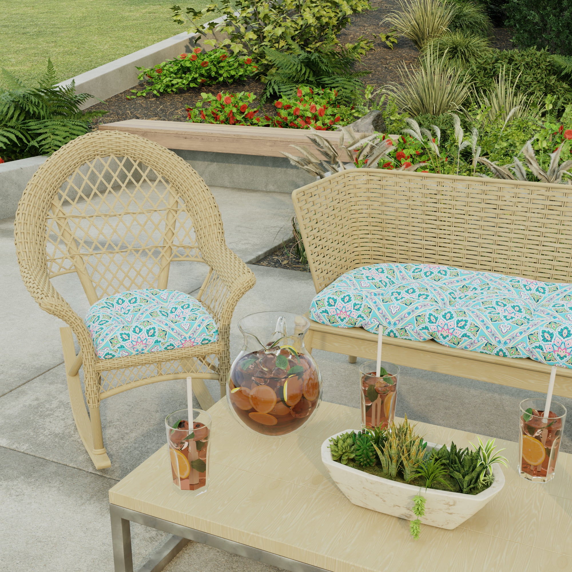 Jordan Manufacturing 18" x 18" Medlo Island Teal Medallion Square Tufted Outdoor Wicker Seat Cushion with Rounded Back Corners (2 Pack)
