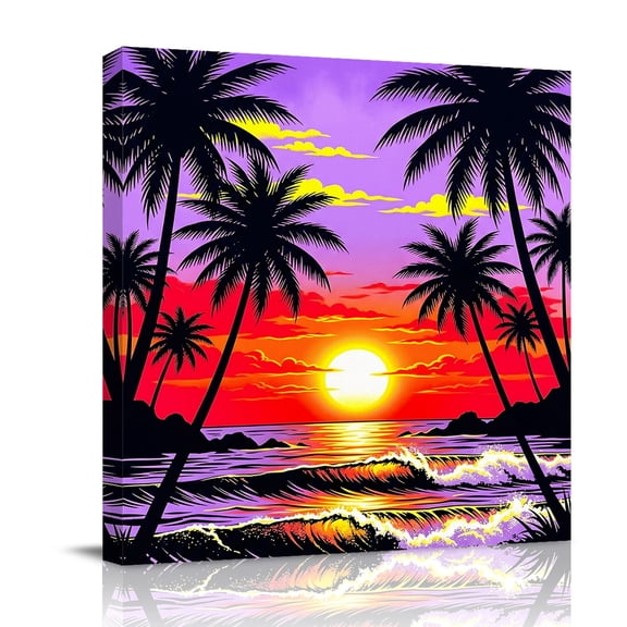 Canvas Wall Art Sunset Canvas Art Print Palm Trees Beach Coastal Ocean Summer Pictures Wall Decor for Living Room Bedroom Artwork Decorations Stretched Framed Ready to Hang 12"x12"