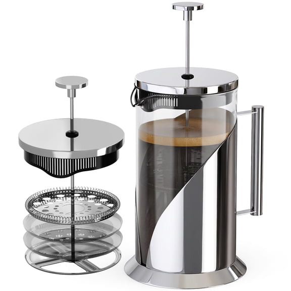 Cafe Du Chateau French Press Coffee Maker, Brews Coffee and Tea, Heat Resistant Glass with 4 Level Filtration System, Stainless Steel Housing, Large 34 oz Carafe Coffee Presser