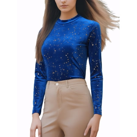 MODA NOVA Women s Blouse Metallic Shiny Star Print Long Sleeve Round Neck Shirt L Blue