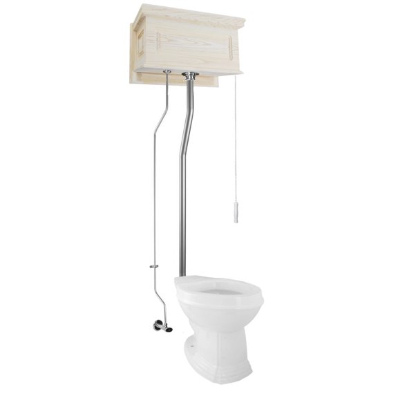 Unfinished Wooden High Tank L-Pipe Toilet Round White Bowl | Renovator's Supply