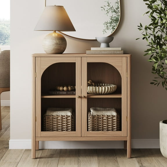 Nathan James Mason Modern Farmhouse Storage Cabinet, Free Standing Accent Sideboard Buffet, Cabinet with Glass Doors and Adjustable Shelf, Clear Glass/Raw Oak