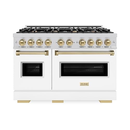 ZLINE Autograph Edition 48 in. 6.7 cu. ft. Classic Double Oven Dual Fuel Range with 8 Burner Gas Cooktop in Stainless Steel with White Matte Doors and Champagne Bronze Accents (CDRZ-WM-48-CB)