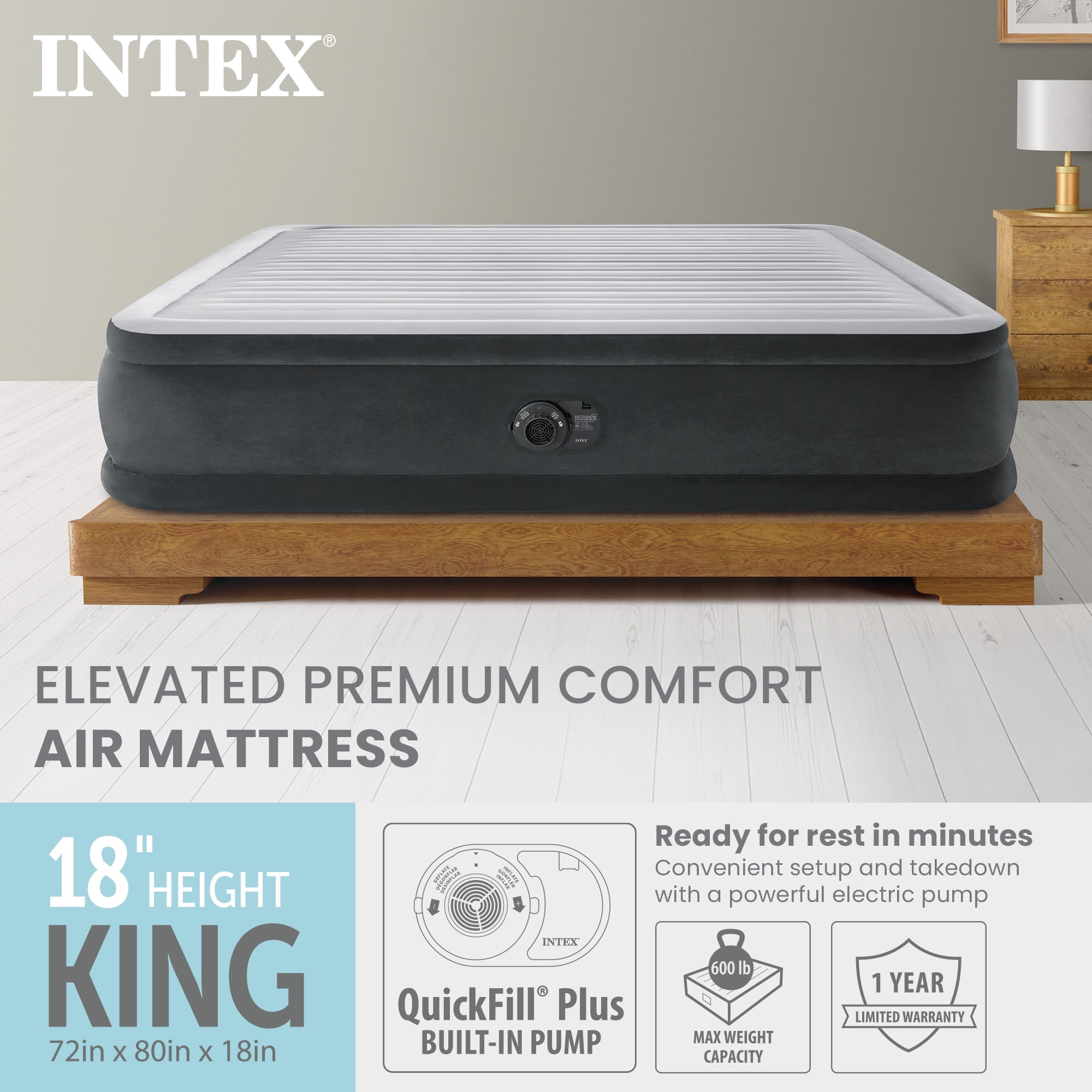 Intex 18" Inflatable Elevated Premium Comfort Airbed w/ Built-In Pump, King