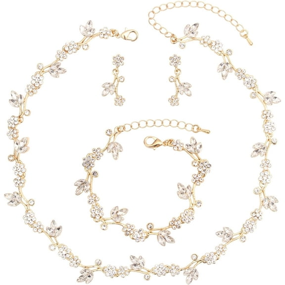 Brides Bridesmaid Flower Leaf Choker Necklace Dangle Earrings Link Bracelet Austrian Crystal Wedding Jewelry Set for Prom Costume Party Accessories for Woman