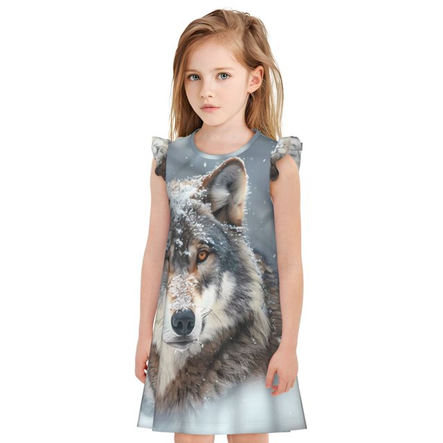 Fotbe Majestic Snowy Wolf Vestido de Dormir para Niñas de 3 a 10 Años, Mangas Cortas, Estilo Princesa, Pijama Camisón con Mangas Voladas-Small