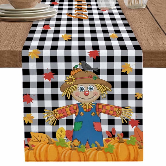 nqOlkjepod Thanksgiving Pumpkin Table Runner 36 Inches Long Farmhouse Dress Scarves, Fall Straw Man Leaves Farmhouse Plaid Dining Tablerunner for Coffee Table/Kitchen Island/Party, Small 13"x36"