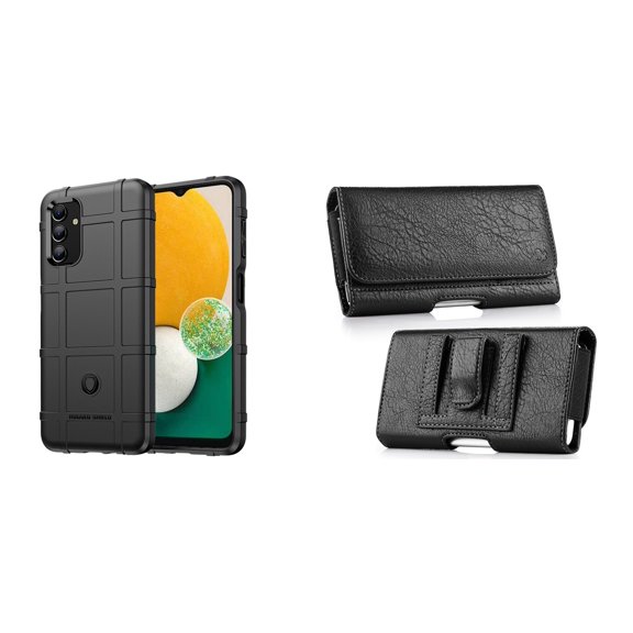 Bemz Rugged Shield [Shockproof] Heavy Duty Protection Case (Black) Bundled with Coin Wallet Phone Carrying Pouch Belt Holster (Horizontal) for Samsung Galaxy A13