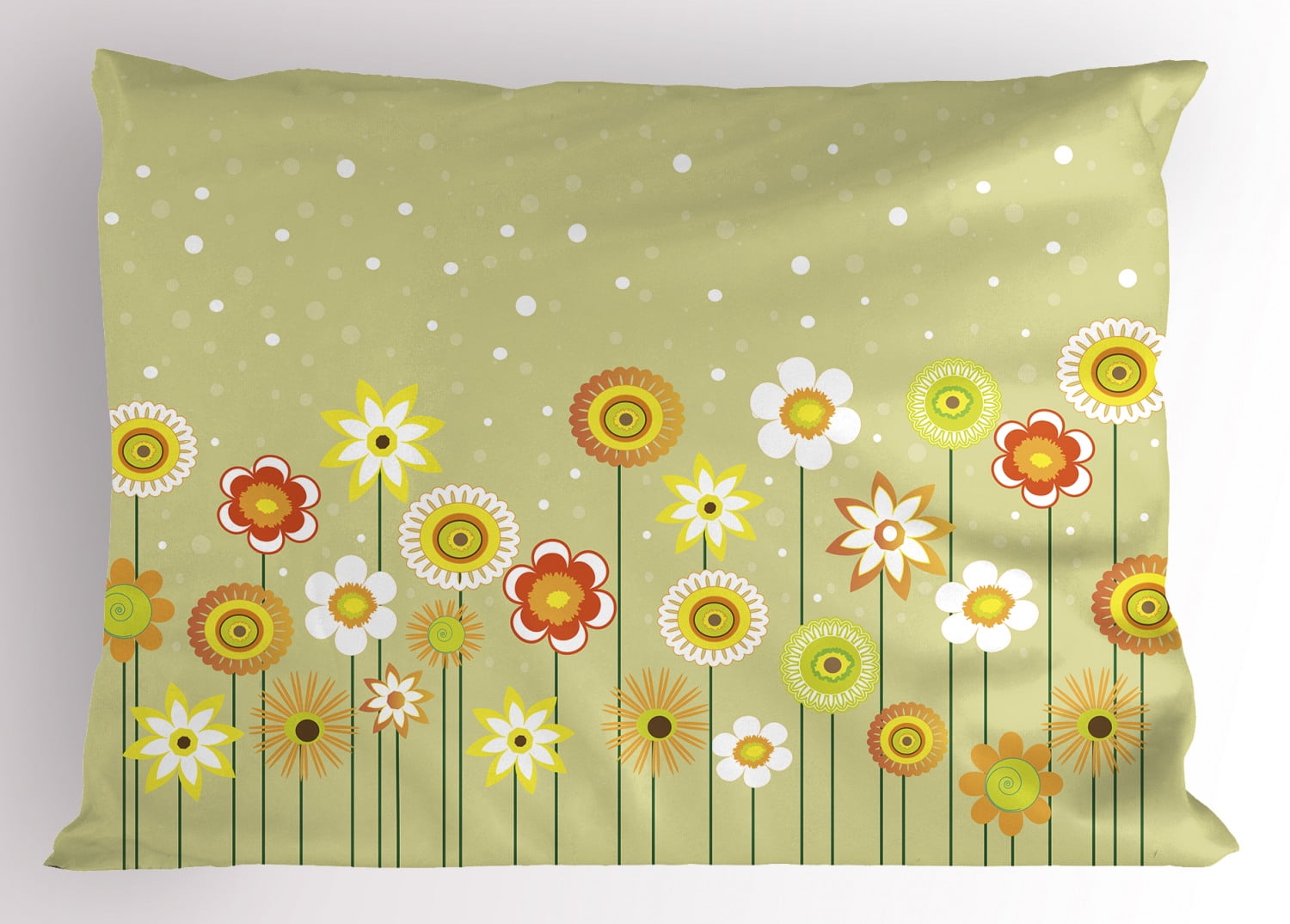 Yellow Flower Pillow Sham Colorful Artistic Meadow with Abstract Dots