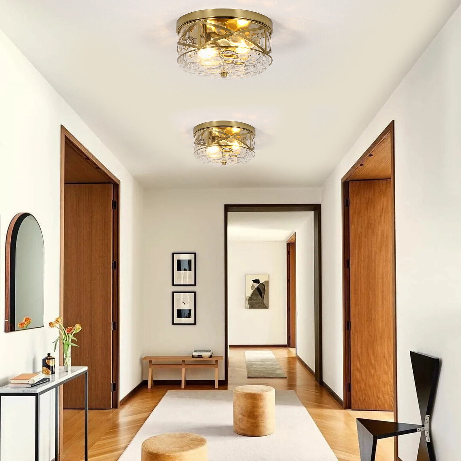Modern Small Flush Mount Ceiling Light With Clear Hammered Glass Brushed Light Fixtures 2-Lights Farmhouse Ceiling Light Antique Ceiling Light for Kitchen Dining Room Hallway 11.8"D