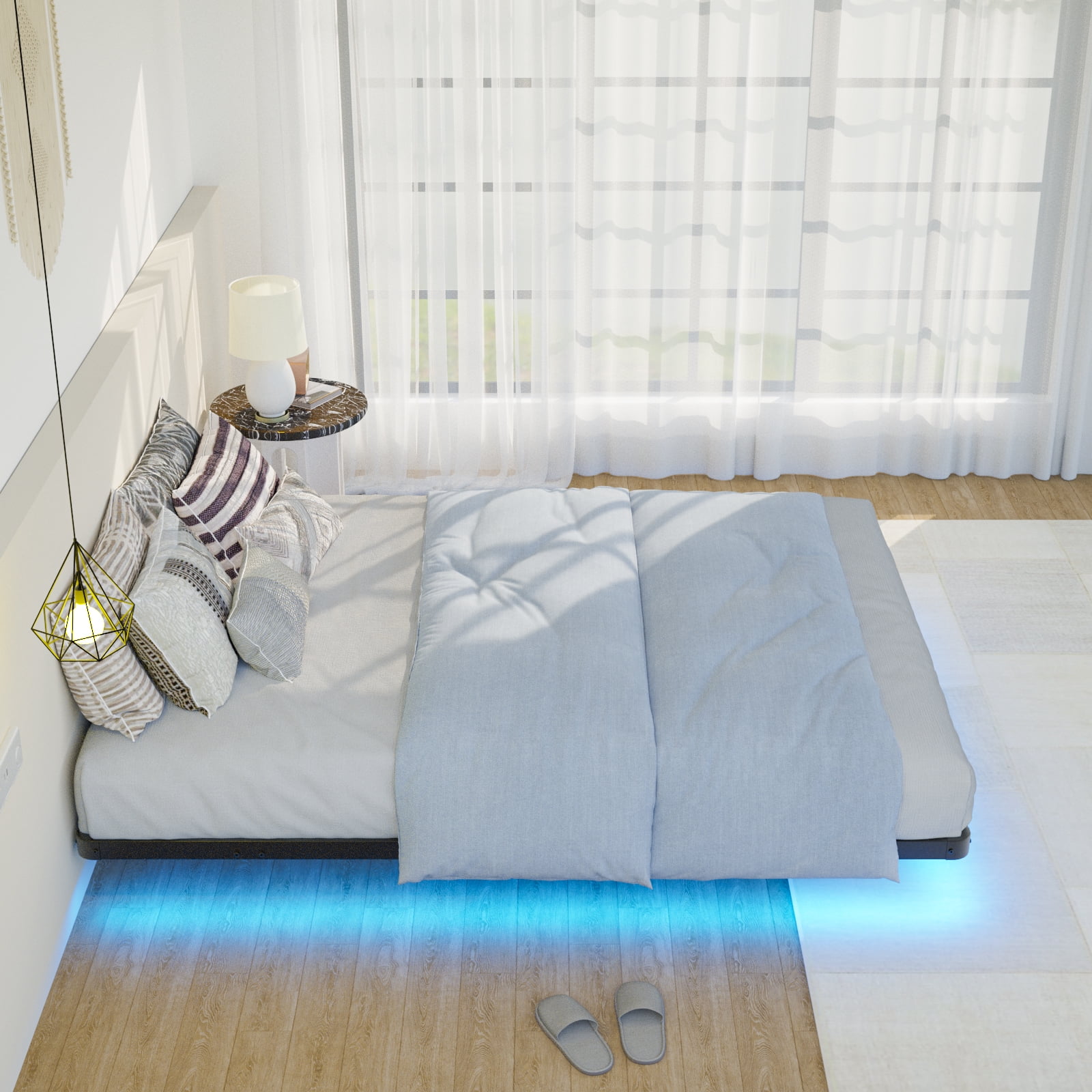 Lusimo Floating Bed Frame with LED Lights Queen Size Metal Platform Bed Frame with 6.1" Under Bed Storage Space No Box Spring Needed, Black