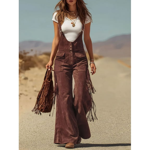 ZOELNIC Women's Vintage Western Jumpsuit with Fringe & Wide Leg, Slim Fit Button Down Overall with Pocket, M