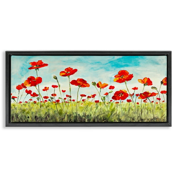 Stupell Industries Bright Red Poppies Meadow Botanical & Floral Painting Black Floater Framed Canvas Art Print Wall Art, 25 x 11