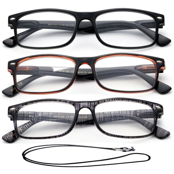 3 Pack Light Compact Squared Fashion Reading Glasses Translucent Spring Hinges with Lanyard  1.75