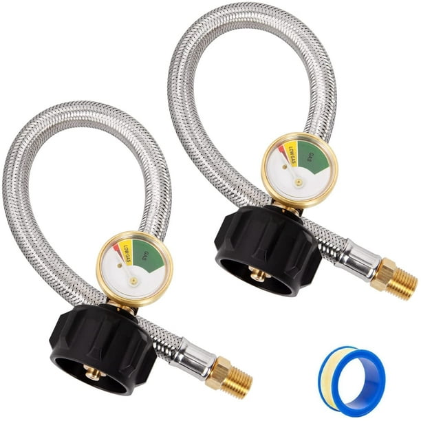 2Pack RV Propane Hose with Gauge for Camper, 12 Inch Stainless Braided