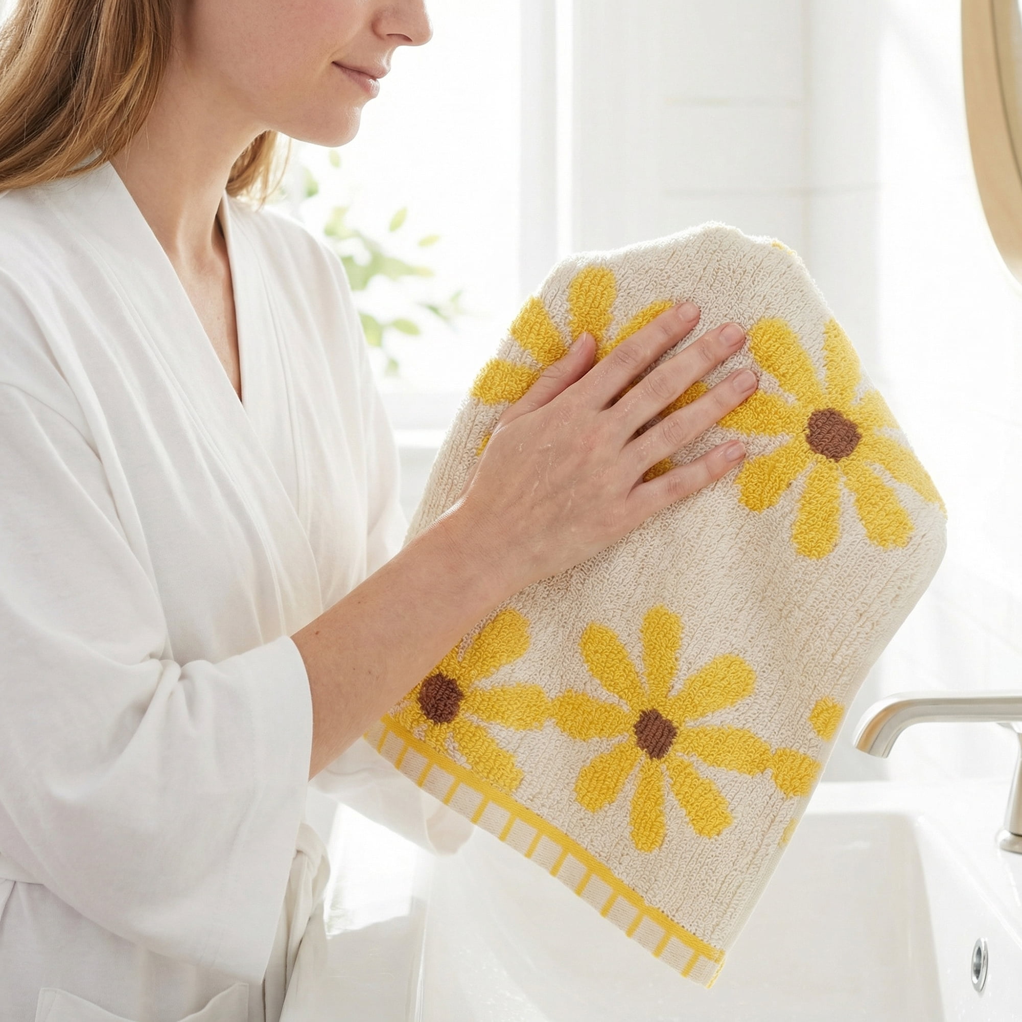Unique Bargains 2Pcs Pure Cotton Daisy Pattern Ultra Soft Hand Towel Yellow 29" x 13"