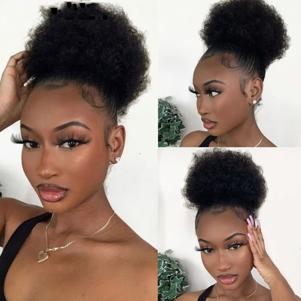 Afro Puff Bun Hair Piece 4 6 8 Inch Kinky Curly Human Hair Drawstring Ponytail Hair Extensions