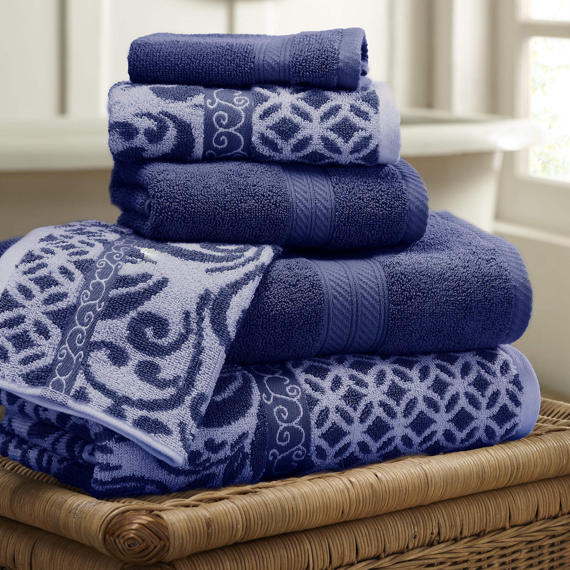 6 Piece Reversible Yarn Dyed Jacquard Towel Set, Trefoil Filigree, Indigo