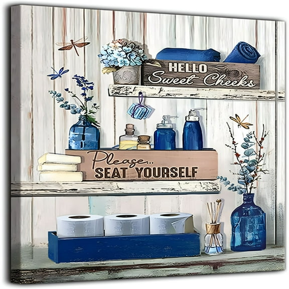 LAMIRO Bathroom Decor Wall Art Blue Bathroom Picture Canvas Prints Please Seat Yourself Stretched and Framed Ready to Hang for Bathroom Wall Decor 16x20inch