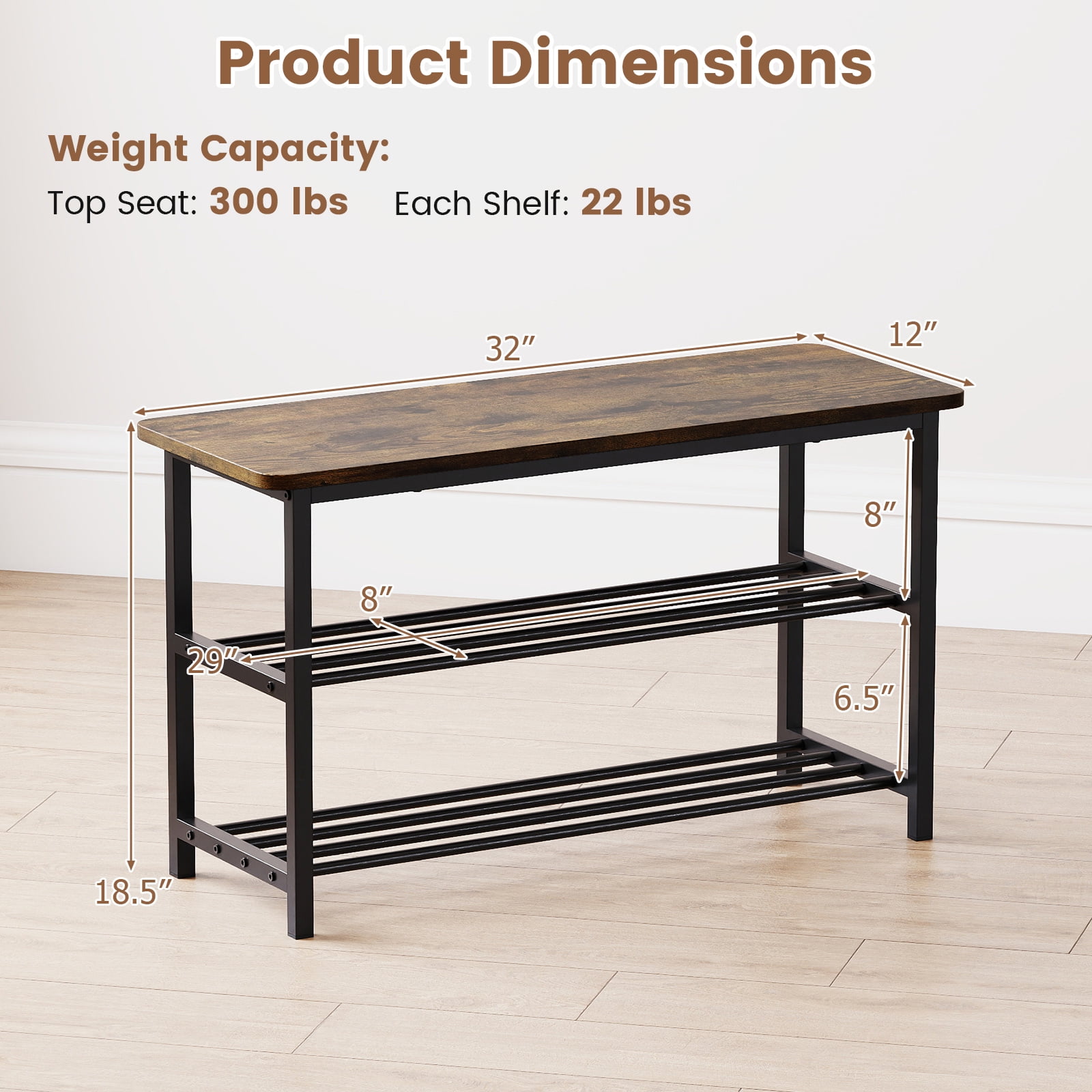 Gymax 3-Tier Shoe Rack Bench w/ Heavy Duty Metal Frame & 300 lbs Seat for Hallway
