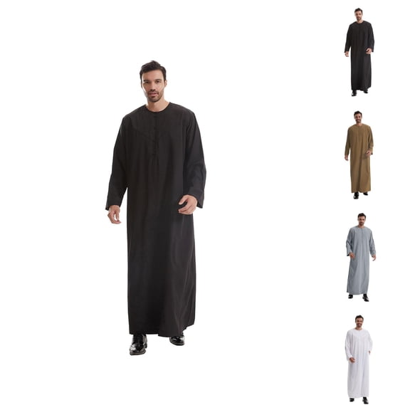 Thobe for Men Long Sleeve Crewneck Loose Fit Mens Kaftan Thobe Kaftan Dresses Dubai Clothes