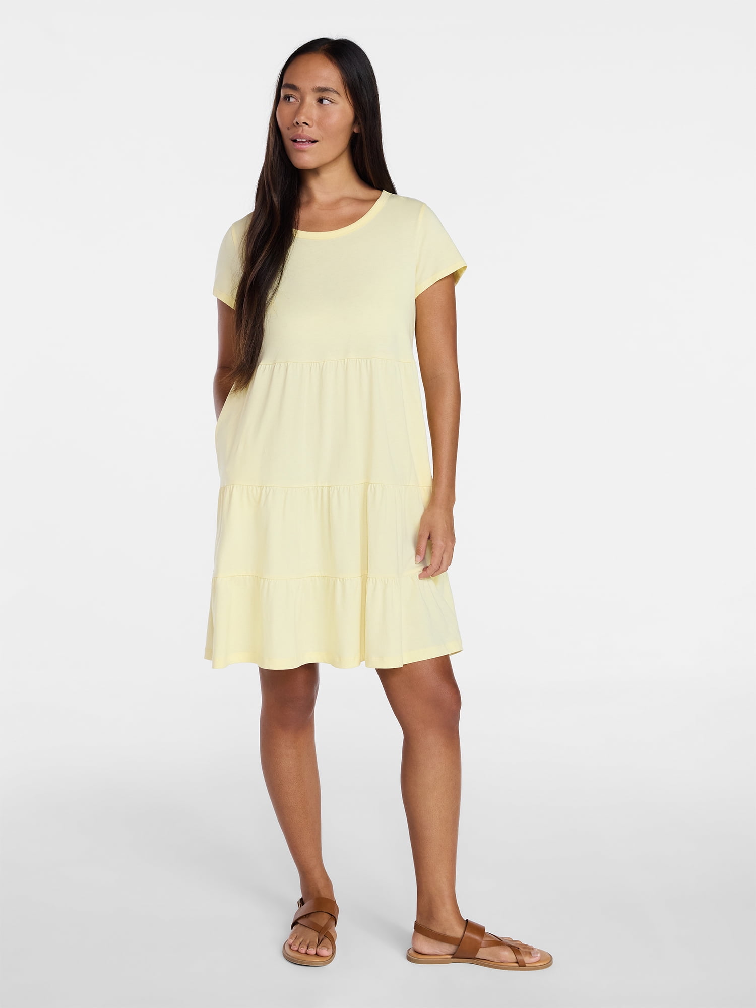 Time and Tru Women's Tiered Cotton Mini Dress with Short Sleeves, Sizes XS-XXXL