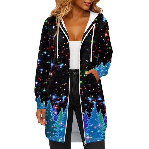 Women's Christmas Printed Long Sleeve Hooded Sweatshirt Jacket with Drawstring and Zipper Pockets, Fashionable Casual Wear for Fall and Winter,Blue,M