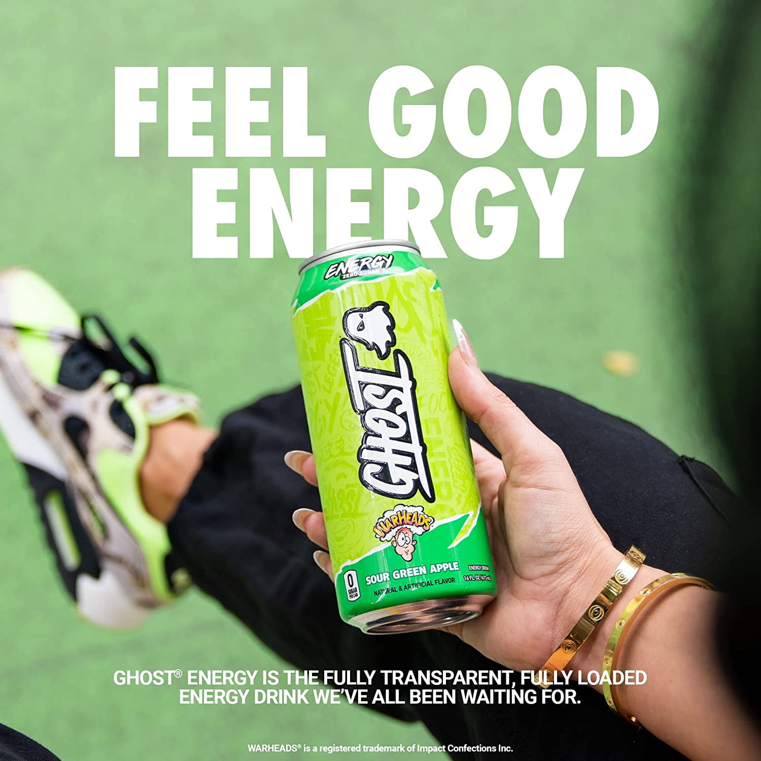 GHOST Zero Sugar Energy Drink, WARHEADS Sour Green Apple, 16 oz Can, 12 Pk
