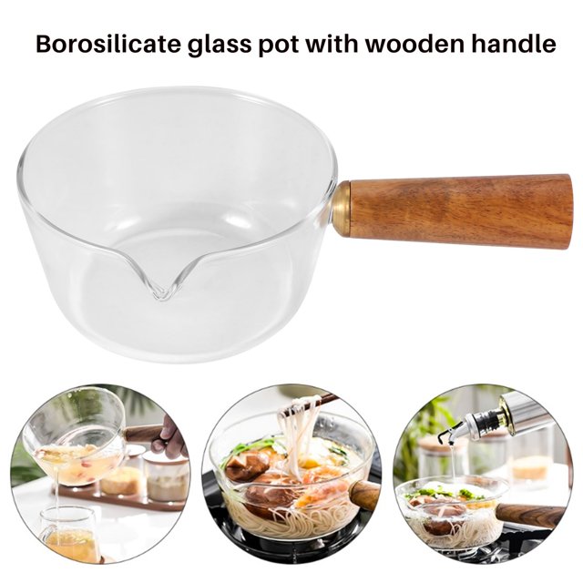 Unbranded Glass Milk Pot 400ml with Wooden Handle, Borosilicate Glass Cooking Pot
