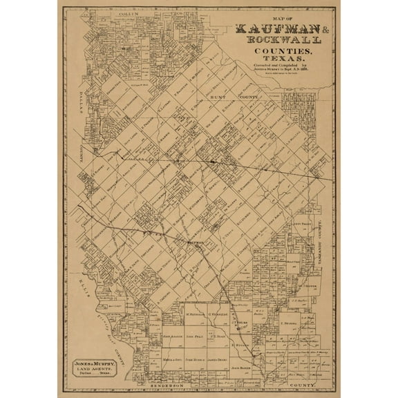 Historic County Map - Kaufman County Texas - Jones 1878 - 23 x 32.31 - Vintage Wall Art