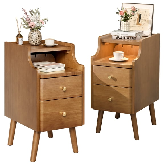 Narrow Nightstand Set of 2, Solid Wood Night Stand with 2 Drawers, Walnut Mid Century Modern Nightstand, Small Beside Table with Open Storage Shelf for Bedroom （10 inch)