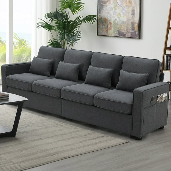 Modern Sofa Couch,Upholstered 4-Seater Couch with Side Pockets, Fabric Linen Deep Seat Sofa for Living Room, Bedroom, Office, Apartment,Drak Grey.