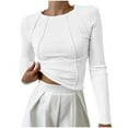 thumbnail image 1 of GigrtiJin Women's 2025 Spring Long Sleeve Ribbed Knit Crop Tops Casual Crew Neck Slim Exposed Seams Basic Tee Shirts, 1 of 6