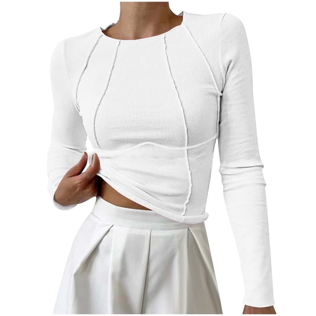 GigrtiJin Women's 2025 Spring Long Sleeve Ribbed Knit Crop Tops Casual Crew Neck Slim Exposed Seams Basic Tee Shirts