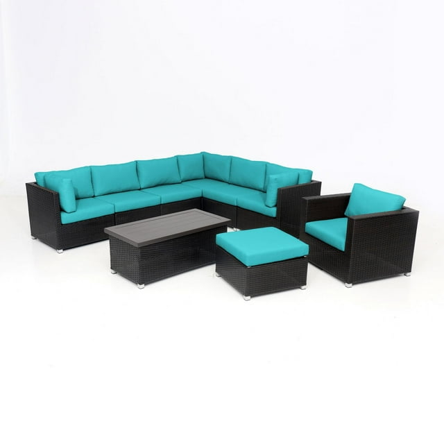 Innesbrook Collection 9-Piece Aluminum Patio Conversation Set with Aqua Cushions