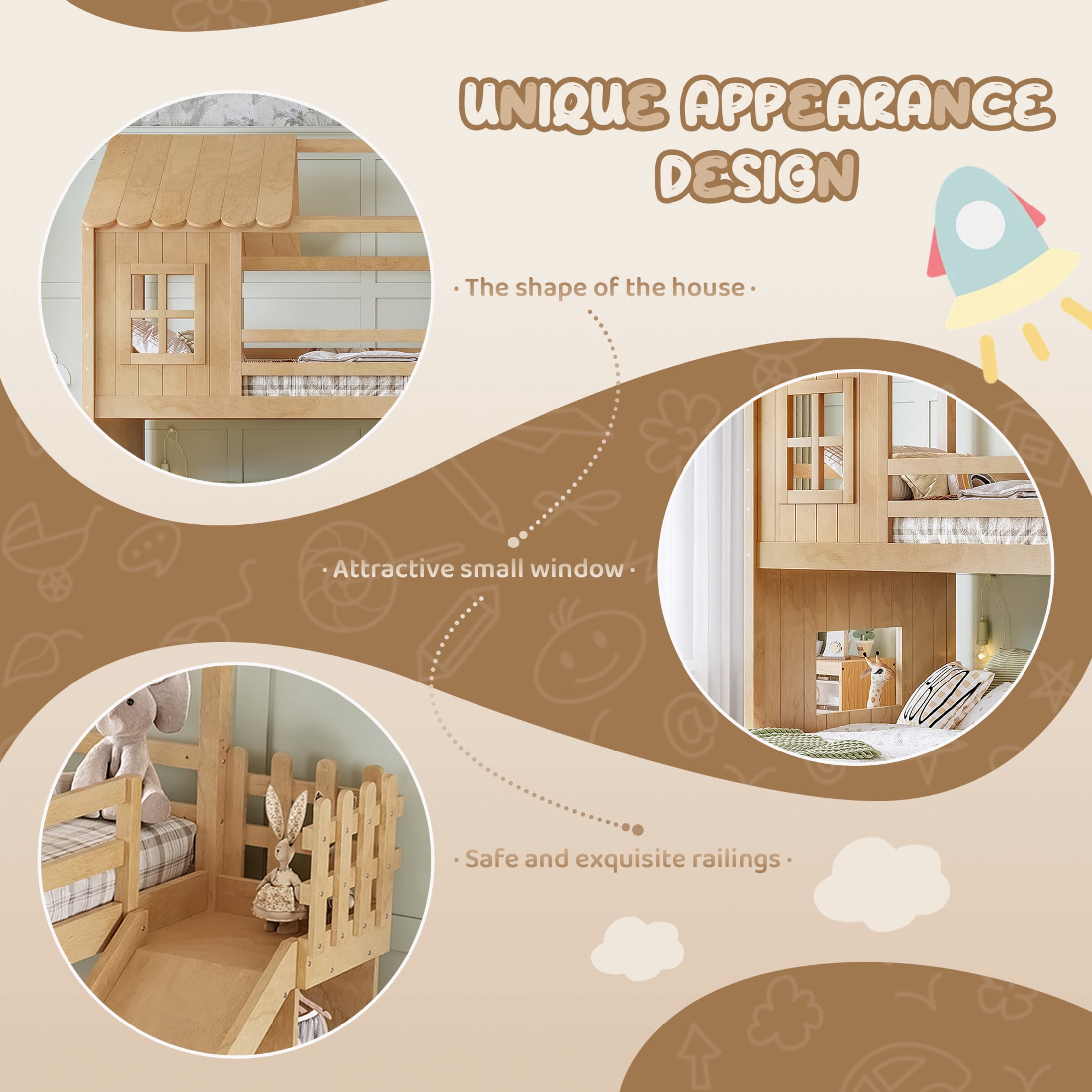 GDF Studio Twin over Full House Bunk Bed with Slide, Ladder, Shelves & Wardrobe, Natural