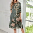thumbnail image 2 of QIJIE Petite Women Dresses Spring Summer 3/4 Sleeve Holiday Boho Floral Casual Sundress Crew Neck Vacation Midi Dress A-Line Flowy Swing Wedding Guest Dresses with Pockets Army Green 2XL, 2 of 6