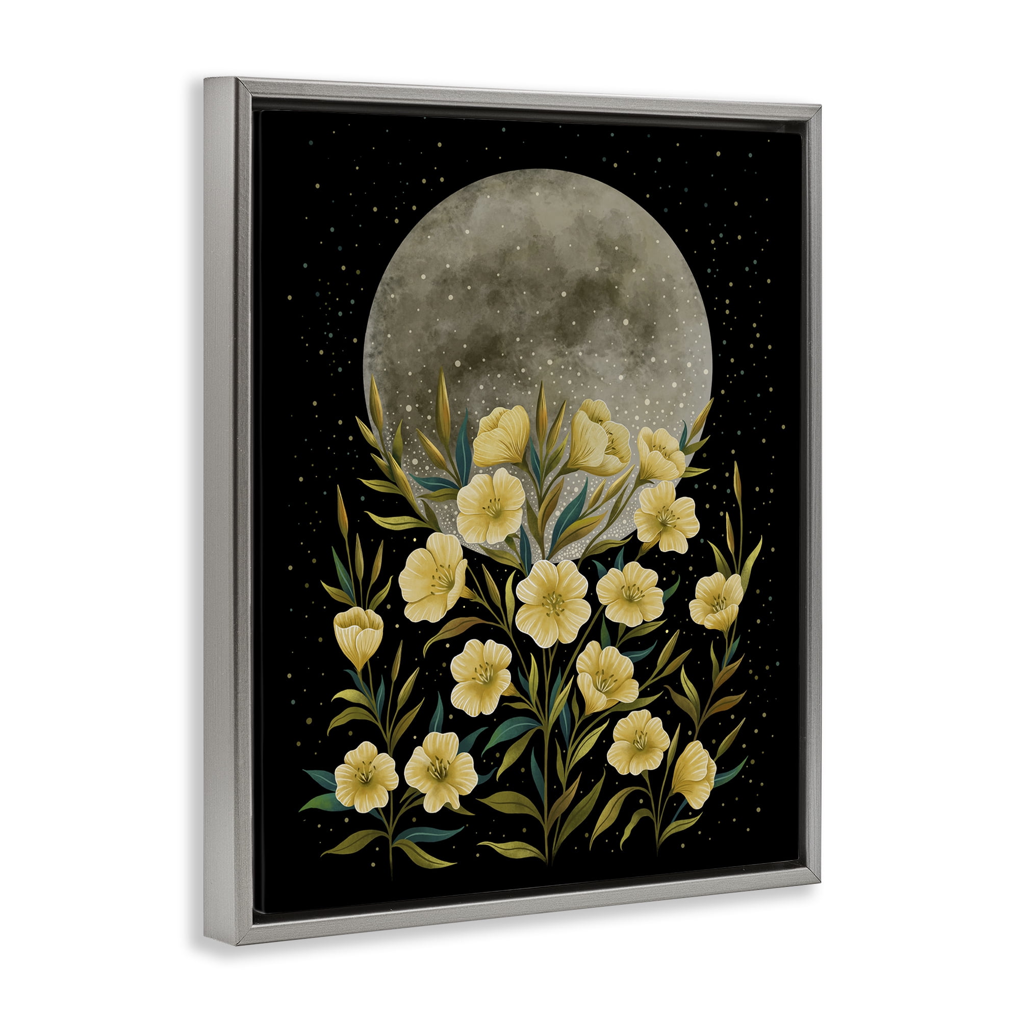 Stupell Industries Moon Greeting Yellow Flowers Gray Framed Floater Canvas Wall Art, design by Episodic Drawings