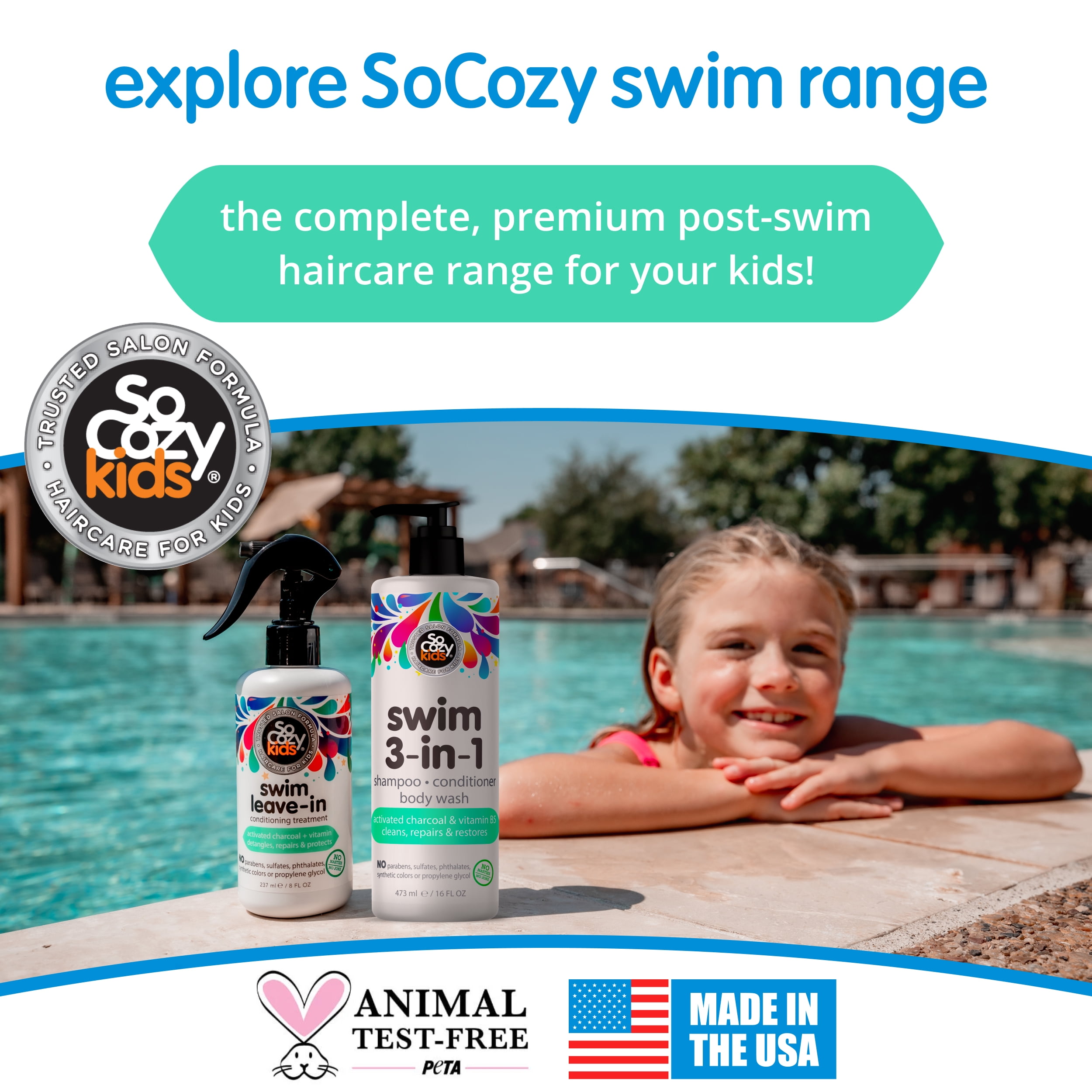 SoCozy Kids 3-in-1 Swim Shampoo + Conditioner + Body Wash, Removes Chlorine & Salt, 16 Oz
