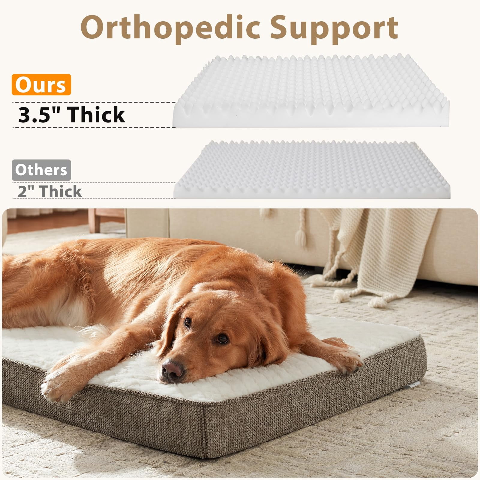 Orthopedic Dog Bed Beige-M(29"x18") Crate-Sized Egg Memory Foam Pet Bed