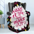 thumbnail image 4 of Saying Soft Flannel Fleece Throw Blanket, Witty Lettering Wake Make Cosmetic Lipstick Mascara and Nail Polish, Cozy Plush for Indoor and Outdoor Use, 60" x 80", Multicolor, by Ambesonne, 4 of 5