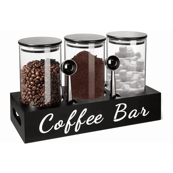 GM GMISUN Coffee Container, 3Pcs 50oz Airtight Coffee Bean Storage Canister, Black Glass Coffee and Sugar Jar Set with Scoop/Shelf/Label