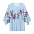 thumbnail image 4 of Women Button Up Blouses for Women Floral Print Shirts 3/4 Sleeve V Neck Pleated Front Blouse Tops Summer Casual T-shirts Blue 2XL, 4 of 6