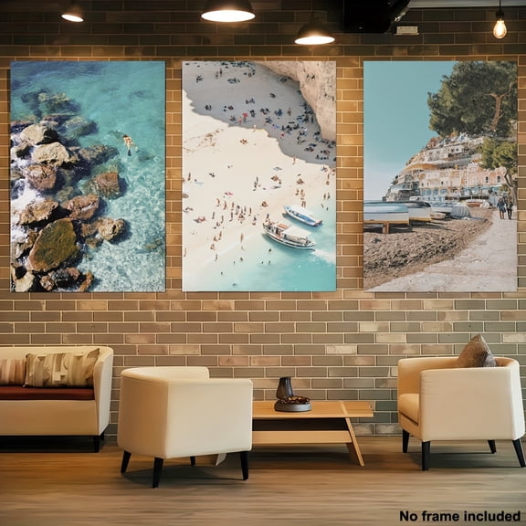3pcs, 2D Frameless Canvas Art Set of 3, Amalfi Coast Wall Decor, Italian Coastal Prints, Amalfi Beach Artwork, Blue Shoreline Posters, Italy Landscape Collection, 2D Flat, Perfect for Room Decor