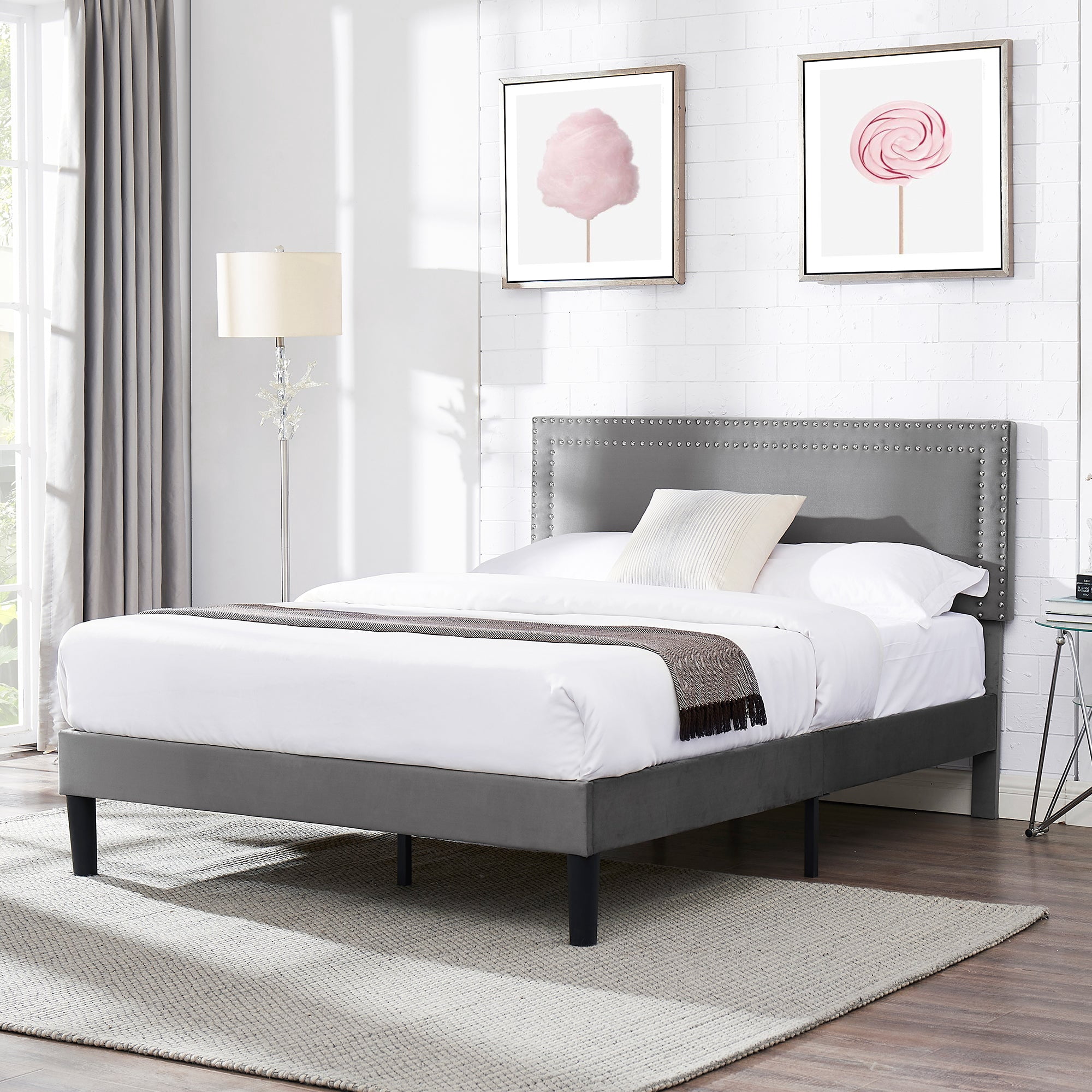 VECELO Queen Bed Frame, Upholstered Queen Size Platform Bed Frame with Adjustable Headboard, Strong Wood Slat Support, No Box Spring Needed, Dark Gray